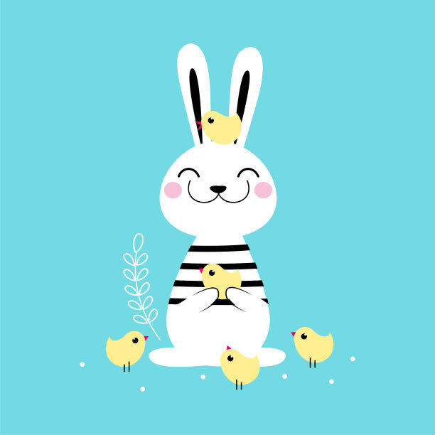 可爱的小兔子与小鸡玩耍，可爱的白色复活节兔子，复活节蛋狩猎卡，海报，邀请设计卡通风格矢量插图图片下载