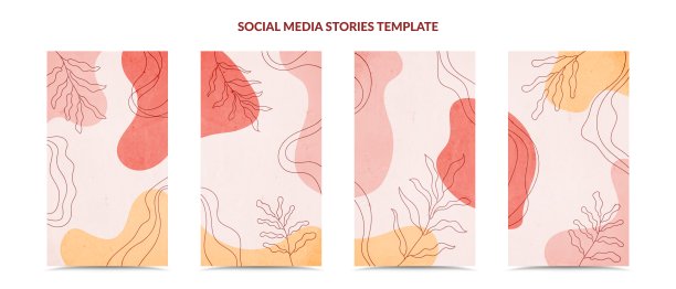 社交媒体故事和创意封面集。极简时尚的手绘风格。背景模板与设计的抽象彩色形状，线条艺术。矢量插图。图片下载