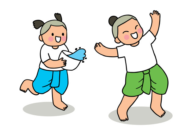 卡通可爱泰国泼水节，小朋友玩水向量。图片下载