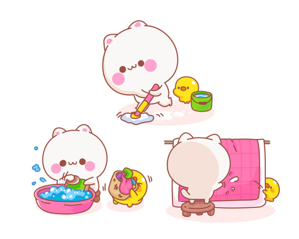 猫做家务与鸭子卡通插图图片下载