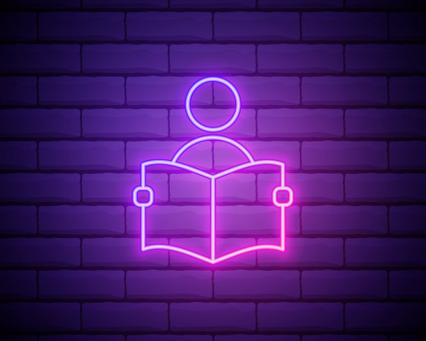 一个拿着一本打开的书的人。霓虹风格图标的书籍和杂志元素。简单的图标为网站，网页设计，移动应用程序，信息图形图片下载