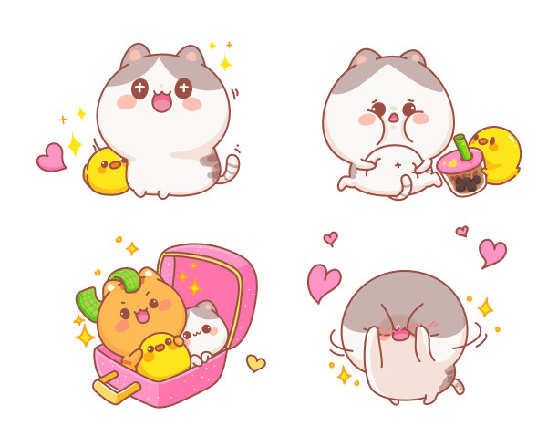 一套可爱的猫快乐不同的手势卡通插图图片下载