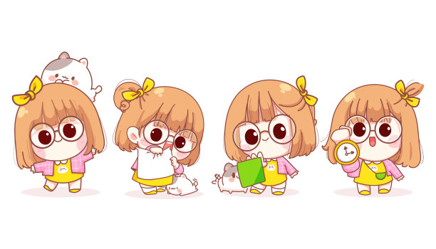 小女孩以不同的手势举着卡通插图图片下载