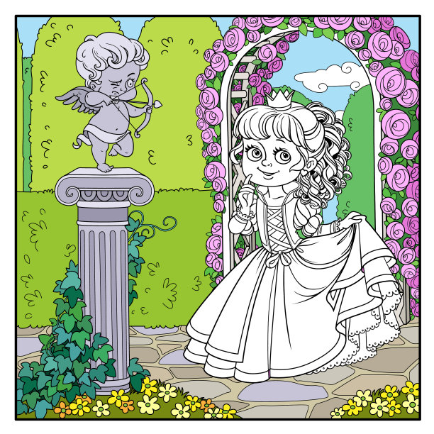 可爱的公主在公园与雕像的丘比特图片下载