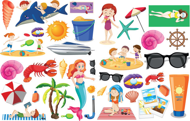 设置夏季海滩图标和儿童卡通风格图片下载
