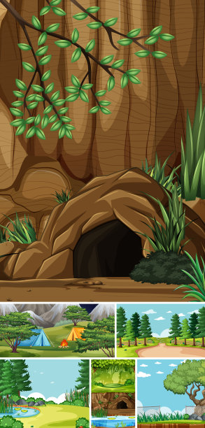 六个不同的场景在自然背景卡通图片下载