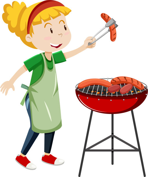 女孩烹饪烧烤香肠卡通风格孤立图片下载