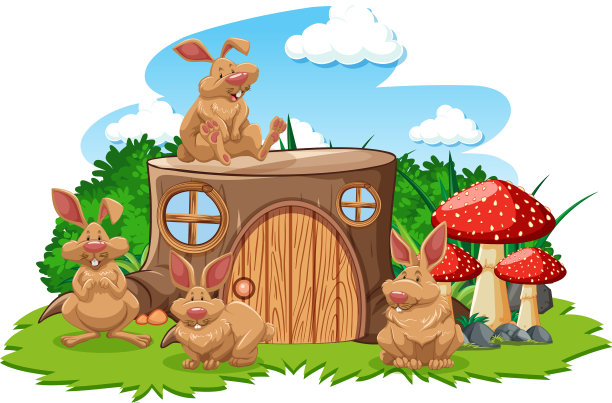 树桩房子与三只卡通风格的鼠标图片下载