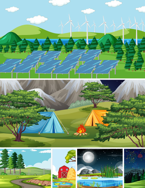 六个不同的场景在自然背景卡通图片下载