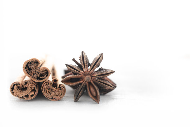 肉桂棒和茴芹籽，白色背景。图片下载
