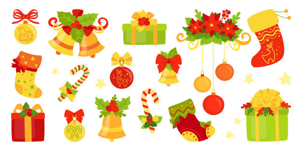 圣诞卡通设定冬青铃铛礼物棒棒糖图片下载