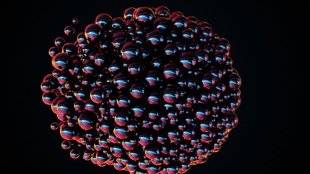 许多随机的气泡填充屏幕。电脑生成了许多反射的彩虹球。三维渲染抽象背景图片下载