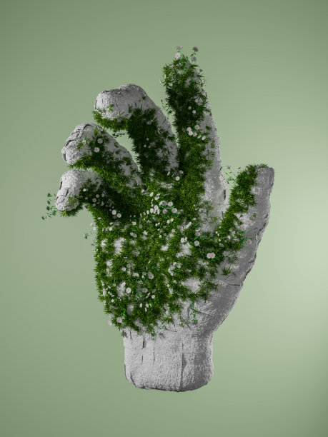 龟裂的白手与植物和花卉生长图片下载