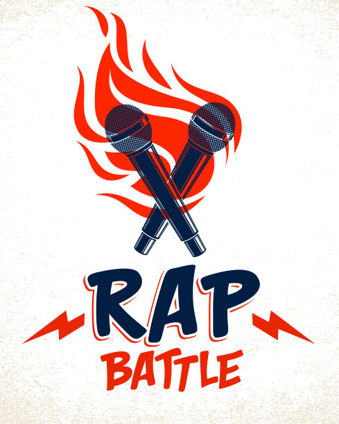 说唱战斗矢量标志或徽章与两个麦克风交叉和火，嘻哈热押韵音乐麦克风在一个火焰，音乐节或夜总会的标签，t恤打印。图片下载