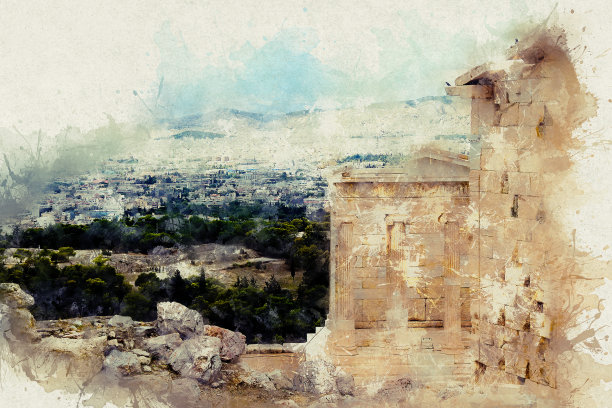 水彩画插图从卫城看城市和大海。希腊,雅典,卫城图片下载