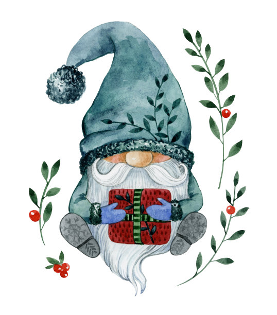 他手里拿着一份礼物和一顶绿色的大帽子。一组带浆果的细树枝和一个侏儒。图片下载