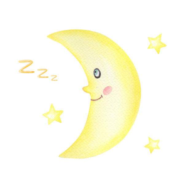 水彩黄色新月和星星在白色的背景上。《晚安》的手绘水彩插图。印制儿童贺卡的手工图片素材图片