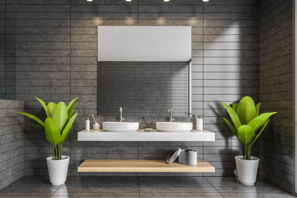 灰色瓷砖浴室，双水槽图片下载