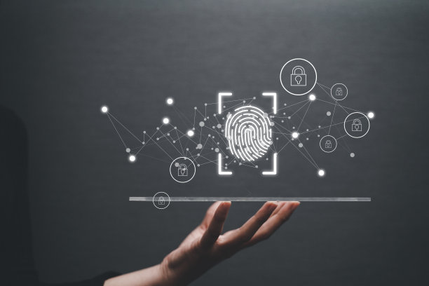 生物指纹扫描仪。模糊背景下数字程序和指纹生物识别的监视和安全扫描的概念。图片下载