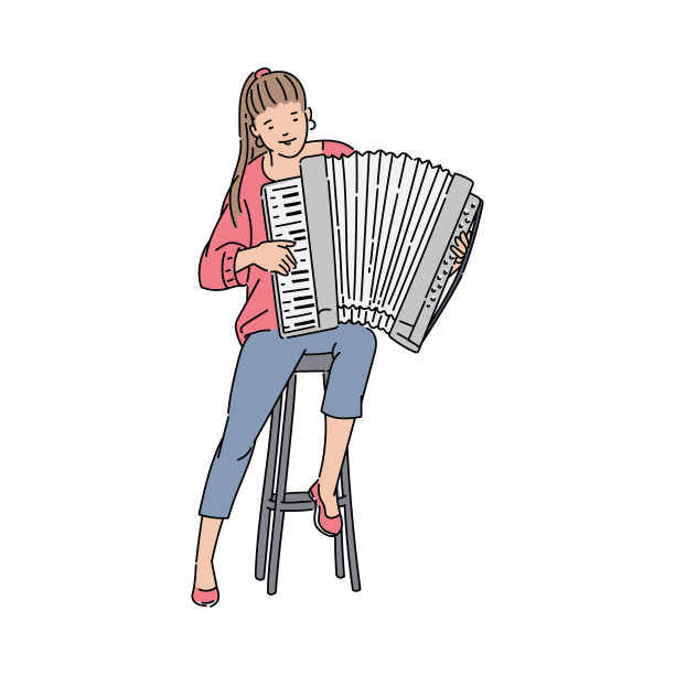 年轻女子坐在椅子上拉手风琴图片下载