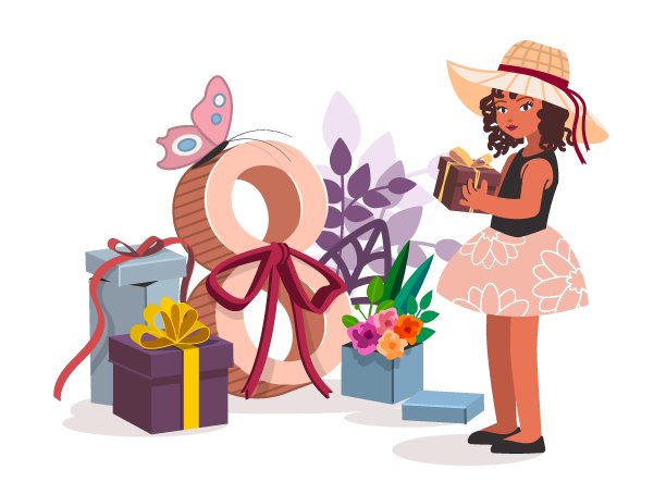 可爱的小女孩带着礼物。矢量插图国际妇女节在3月8日在时尚的卡通平面风格旗帜，卡片，海报，传单。所有元素都是孤立的图片下载