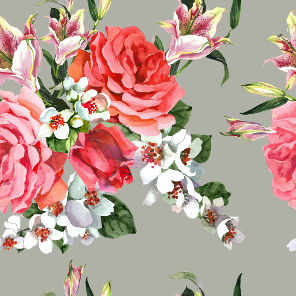水彩玫瑰，百合和茉莉花预算灰色无缝模式。图片下载