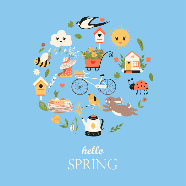 复活节弹簧组。收集可爱的动物，鸟和昆虫，盛开的鲜花和花卉装饰，自行车明亮的彩色矢量插图在平面卡通风格。图片下载