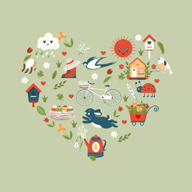 复活节弹簧组。收集可爱的动物，鸟类和昆虫，盛开的鲜花和花卉装饰，自行车鲜艳的彩色矢量插图在平面卡通风格。图片下载