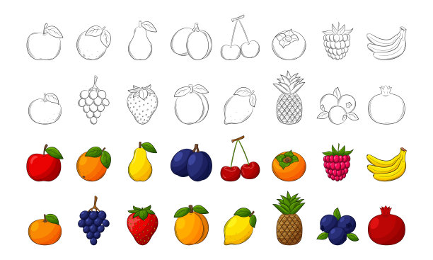 一套水果。黑白线性元素和带轮廓的彩色元素。图片下载