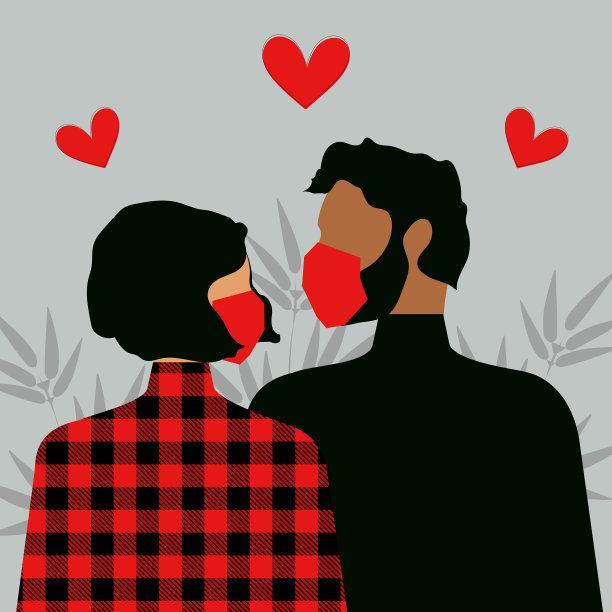 冠状病毒隔离。一女一男戴着红色医用口罩相恋。红色和黑色化身的情人节。图片下载