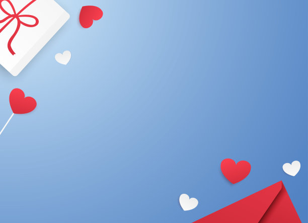 礼盒，五彩纸屑，心形和信封与自由空间的文字上的蓝色背景。情人节的概念。母亲节概念。平躺，俯视图。墙纸、传单、请帖、海报。图片下载