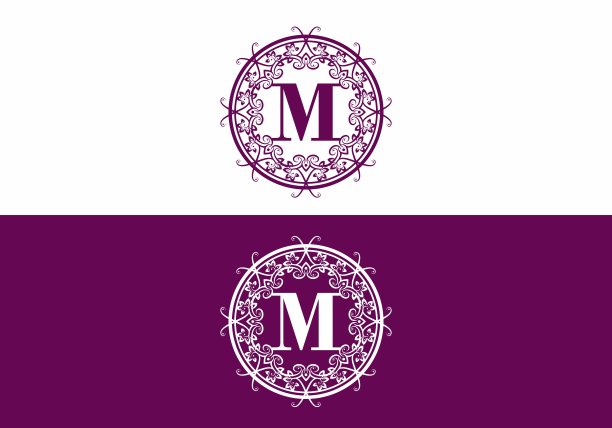 紫色白色的M首字母在圆形经典框架图片下载