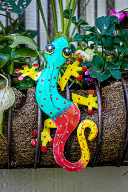 金属装饰多彩的蜥蜴庭院艺术上金属和纤维挂花容器与春天的花朵图片下载