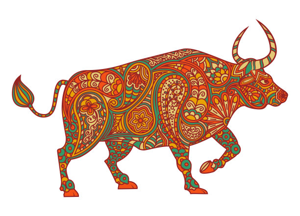 彩色图案的牛，象征着2021年的中国新年。这头公牛四条腿直立，孤立地站在白色的背景上。图片下载