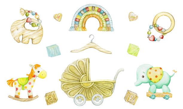 儿童、玩具、生态风格。一套水彩元素，在一个卡通风格，为儿童的邀请和明信片。图片下载