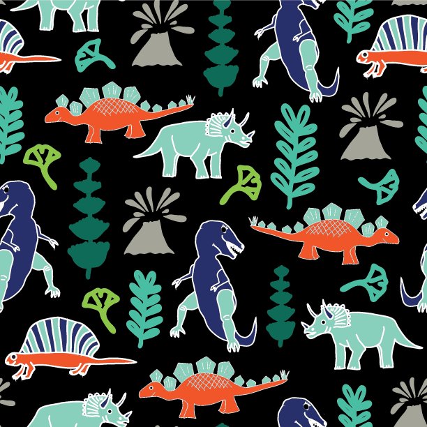 矢量无缝恐龙模式在Aqua menthe，幻影蓝和熔岩郁郁葱葱的颜色。图片下载