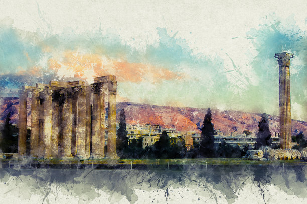 希腊雅典的奥林匹亚宙斯神庙的水彩画。图片下载