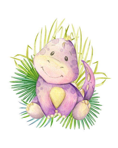 一只淡紫色的恐龙坐在热带树叶的背景上。水彩，动物，卡通风格，在一个孤立的背景，为儿童装饰。图片下载