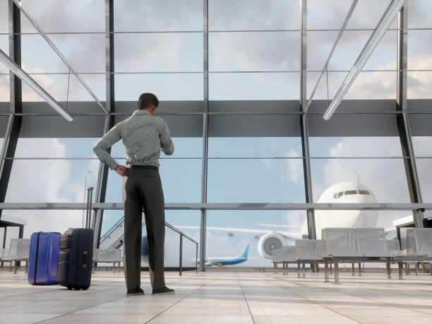 一个空的机场候机厅，背景是一架飞机。渲染3 d图片下载