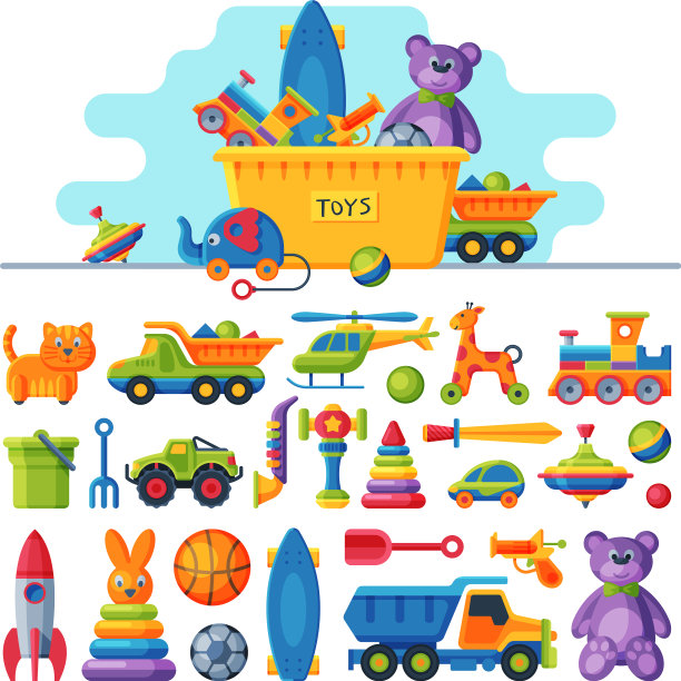 可爱的彩色玩具收集盒与各种图片下载