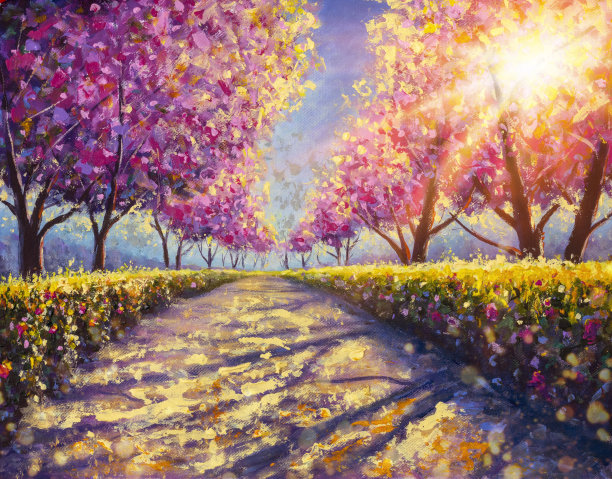 油画的阳光公园与小巷的粉红色盛开的樱花树。春天山水自然艺术品。浪漫的步道樱花插画现代艺术。图片下载