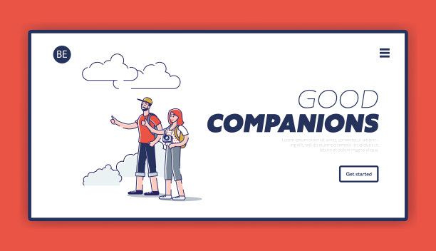 搭车者在道路着陆页与年轻夫妇图片下载