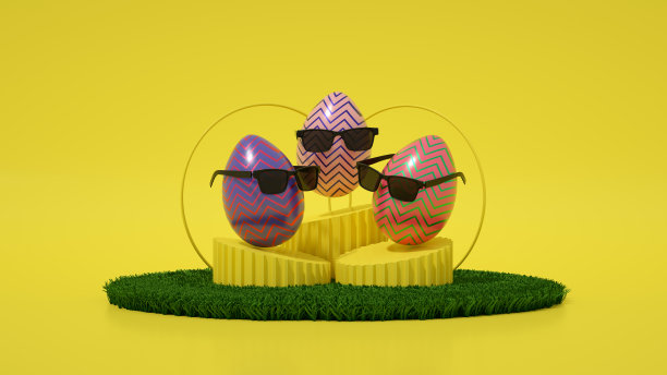 戴墨镜的复活节彩蛋和草，黄色的背景图片下载