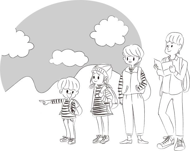 一个家庭来旅行和爬山的单色插图图片下载