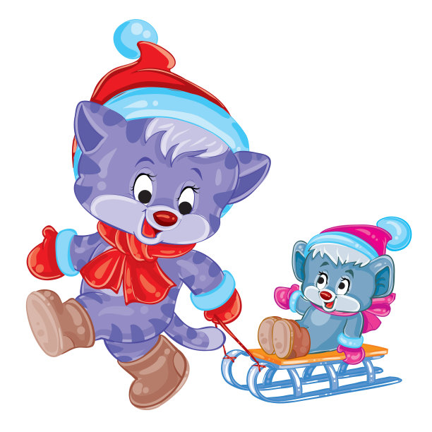 卡通可爱的小猫小猫在小雪橇上图片下载