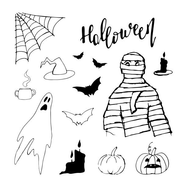 黑色手绘制万圣节图标设置孤立图片下载