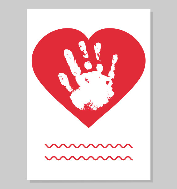 孩子给母亲的贺卡。白色婴儿手印，红色心形。矢量插图。图片下载