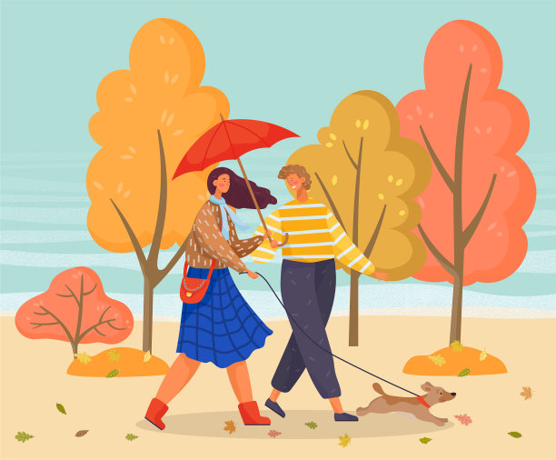 男人和女人在秋天的公园遛狗图片下载