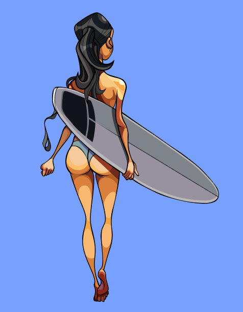 卡通女人穿着泳衣和冲浪板走在一起图片下载