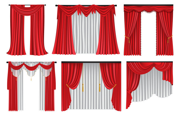 把红色的豪华窗帘和窗帘放在白色的上面图片下载